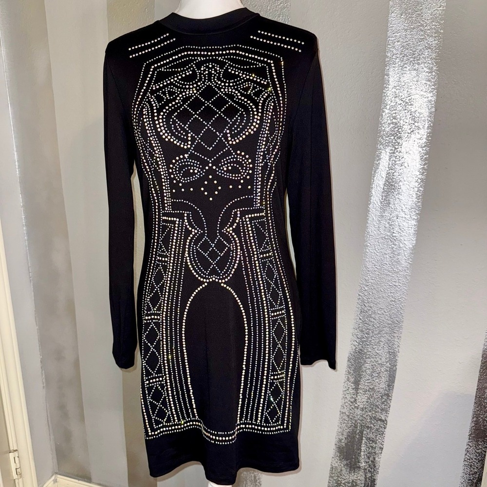Rhinestone Studded Black Long sleeve Figure Fitting Dress New Years Eve Ladies L